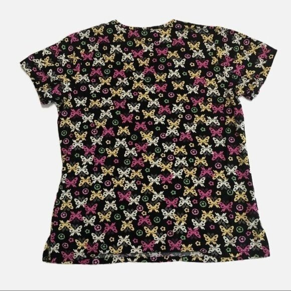 Ladies Scrub Top Size Small Butterflies Black Pink Yellow Uniform Destination - Picture 6 of 7